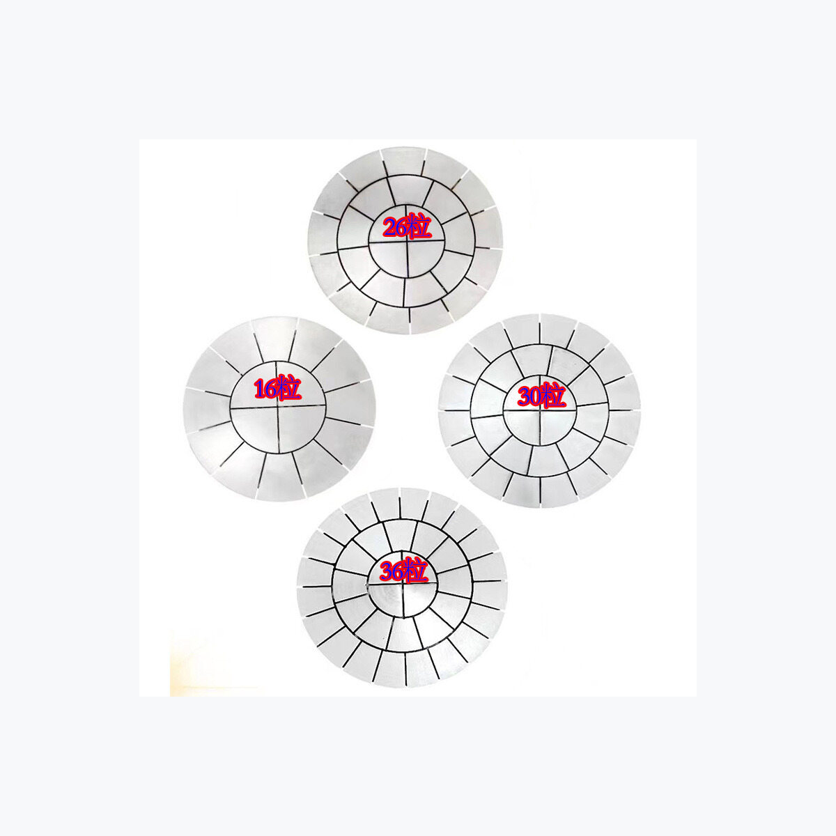 Diagram of 16-, 26-, 30- and 36-piece dividing configurations.