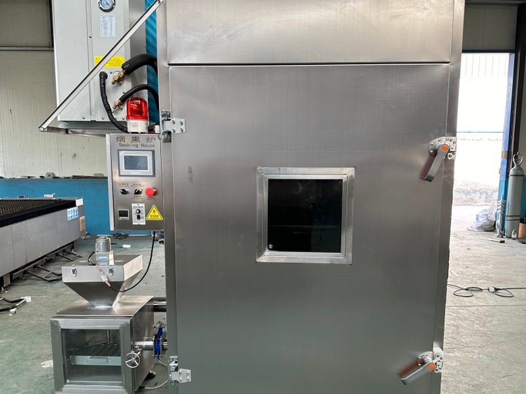 Smoking oven front view with door open, showing the internal chamber and racks
